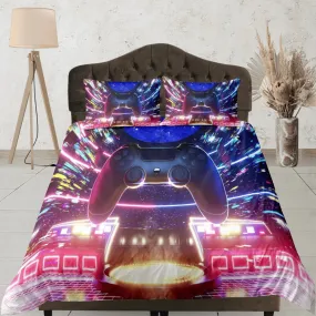 Gamer Neon Lights Duvet Cover Set Colorful Bedspread, Dorm Bedding with Pillowcase