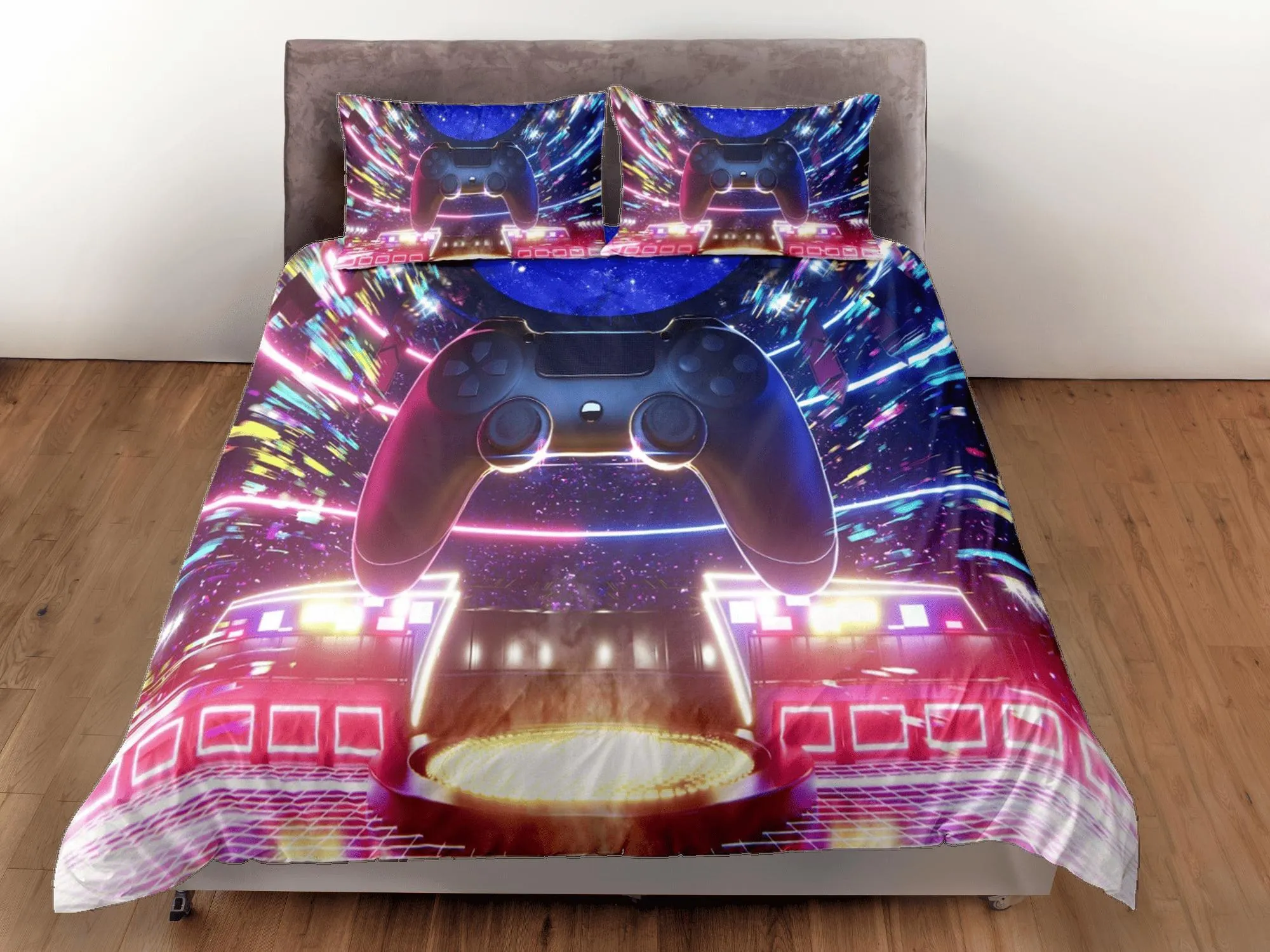 Gamer Neon Lights Duvet Cover Set Colorful Bedspread, Dorm Bedding with Pillowcase