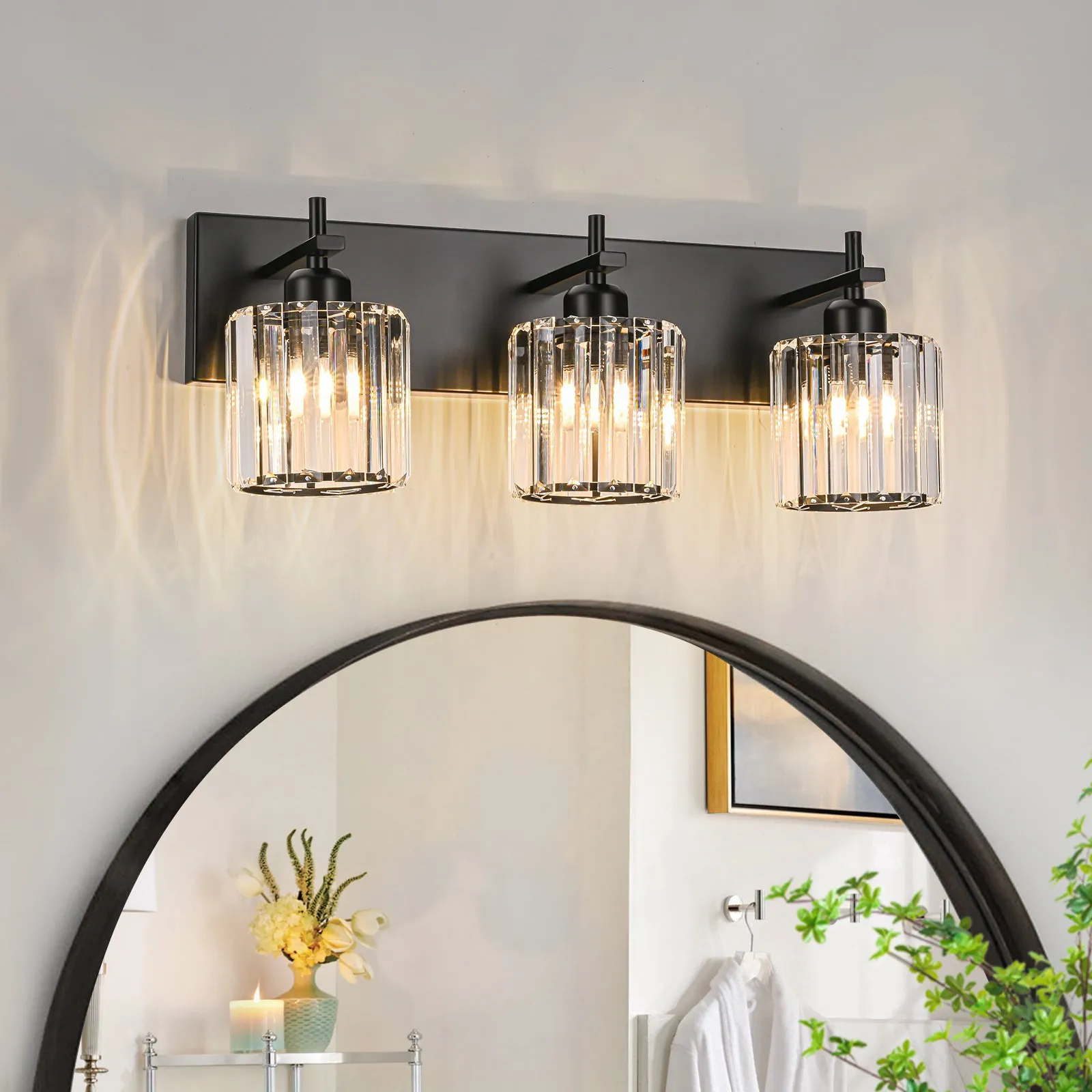 Glowlings 2/3/4/5-Light Modern Matte Black Cylinder Crystal Bathroom Vanity Light Over Mirror