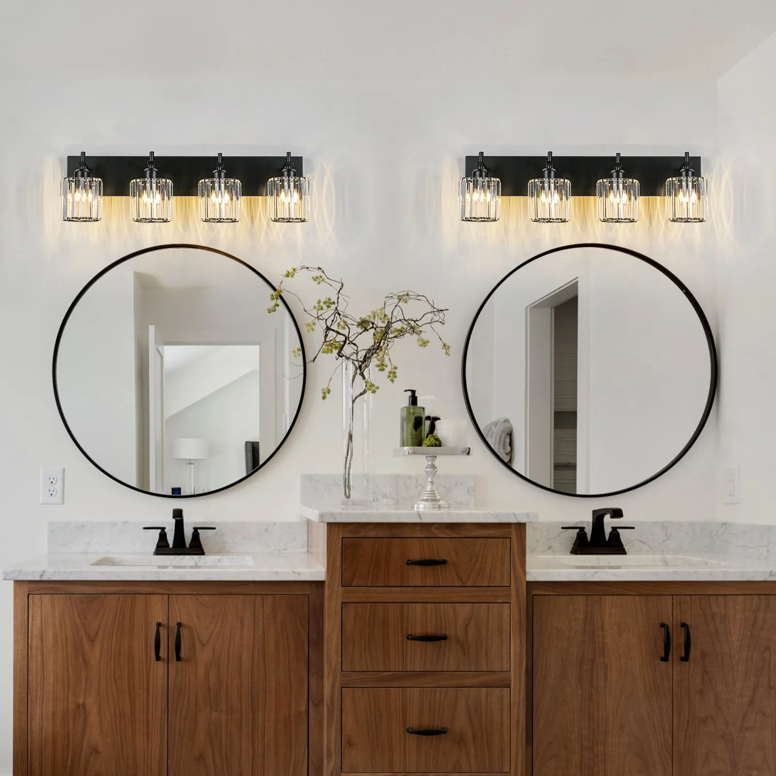 Glowlings 2/3/4/5-Light Modern Matte Black Cylinder Crystal Bathroom Vanity Light Over Mirror