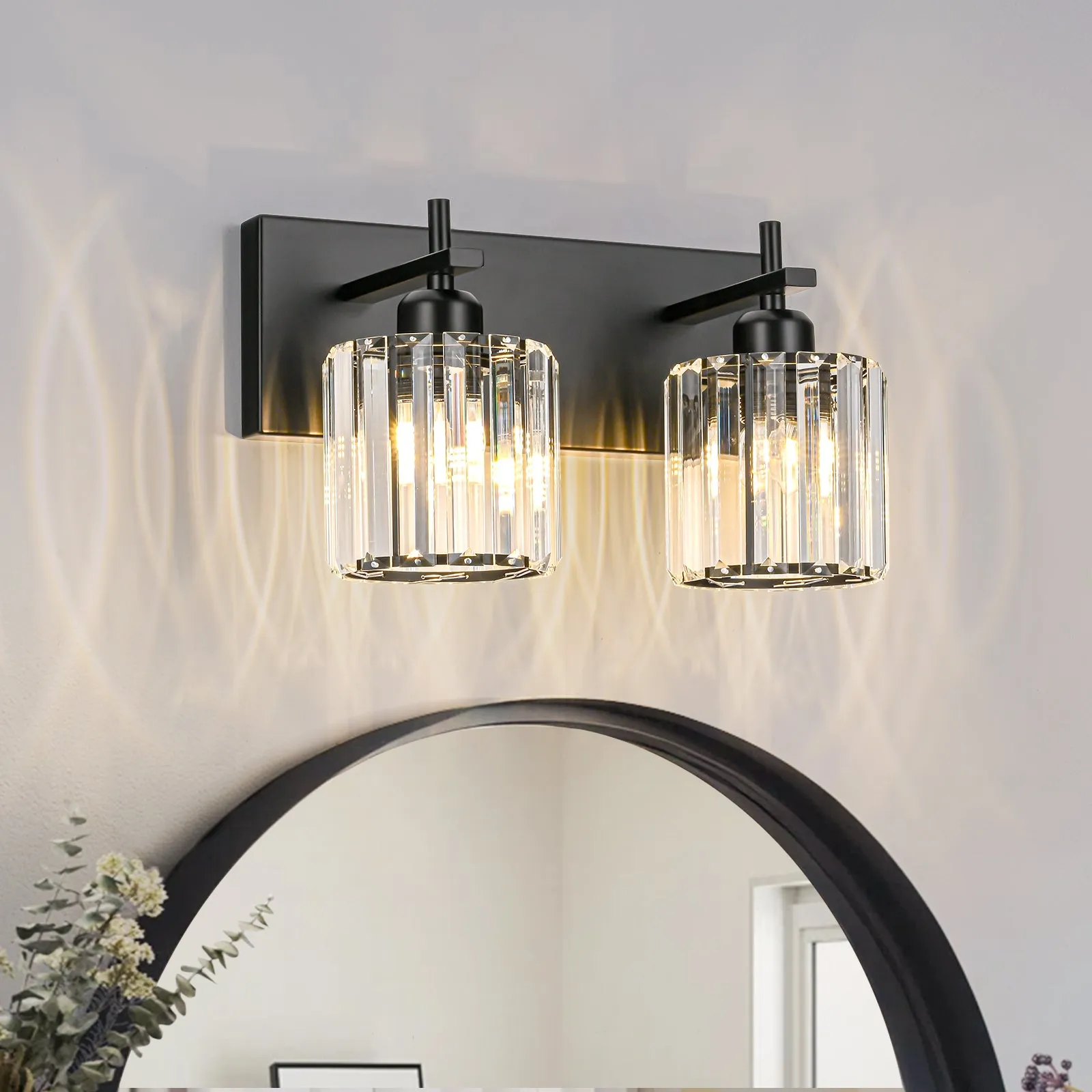 Glowlings 2/3/4/5-Light Modern Matte Black Cylinder Crystal Bathroom Vanity Light Over Mirror