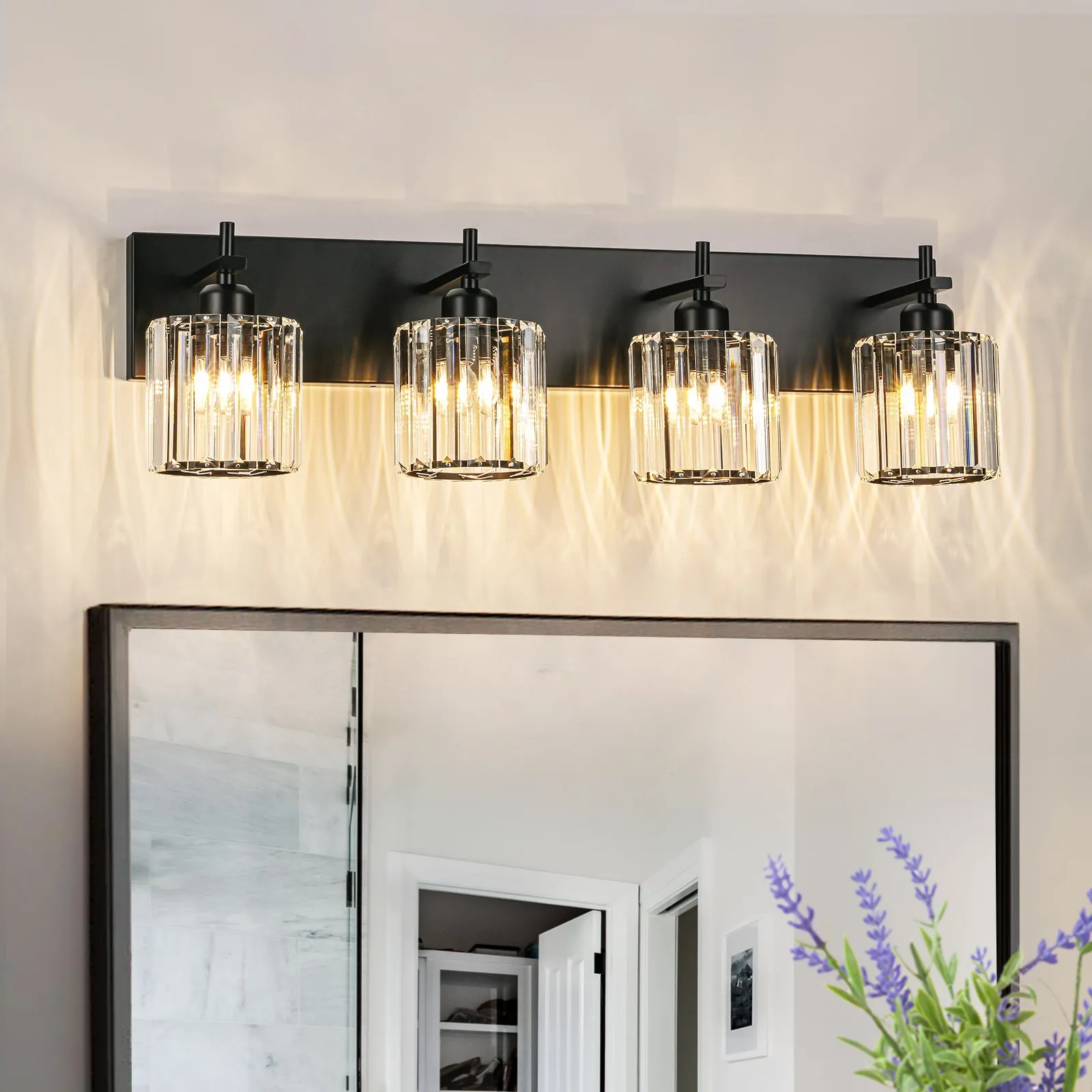 Glowlings 2/3/4/5-Light Modern Matte Black Cylinder Crystal Bathroom Vanity Light Over Mirror