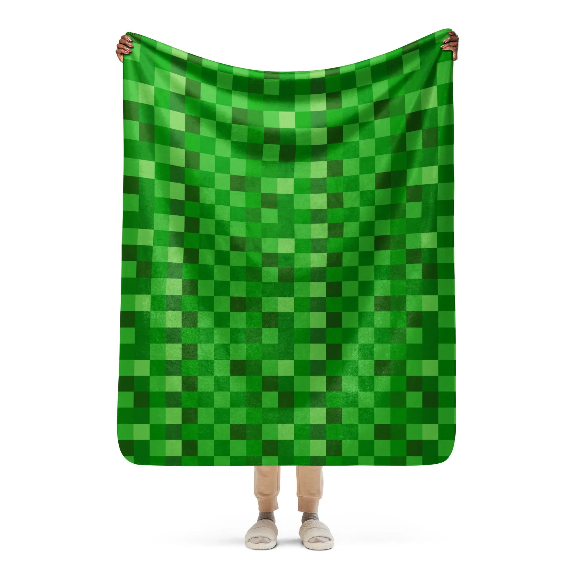 Green Building Blocks Miner Creep Pattern All Over Print Sherpa blanket