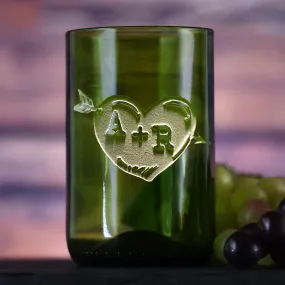 Green Recycle Wine Bottle Glass, Engraved Heart Arrow Tumbler