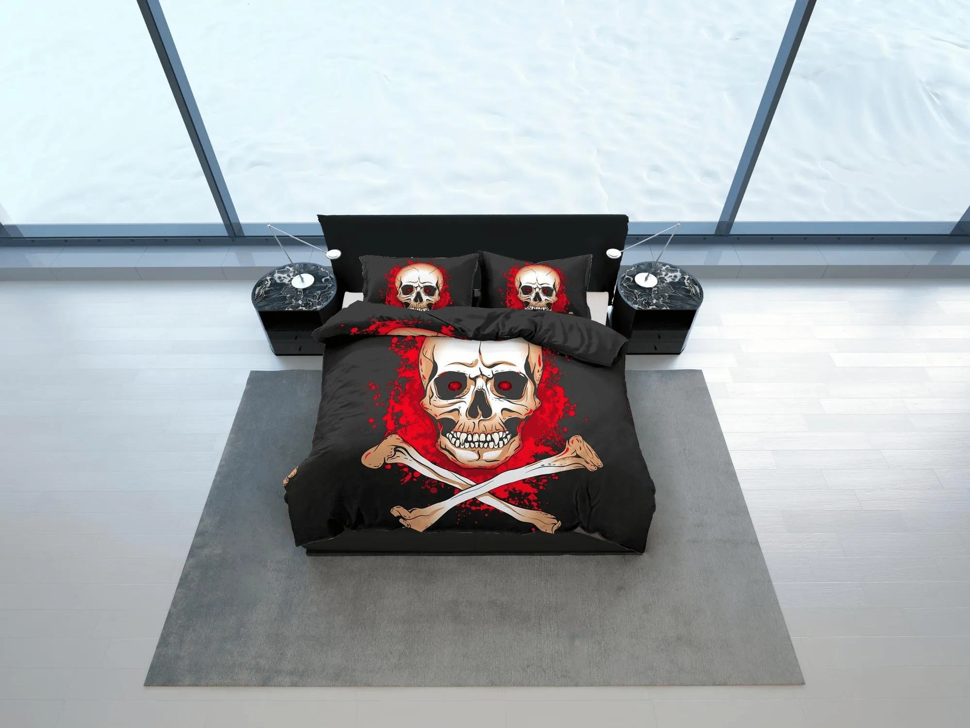 Halloween Bedding Flaming Skull Black Duvet Cover Set Bedspread, Dorm Bedding with Pillowcase, Halloween Gift Teens Kids Adults