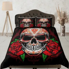 Halloween Bedding Skull and Roses Gothic Red Duvet Cover Set Bedspread, Dorm Bedding with Pillowcase, Halloween Gift Teens Kids Adults