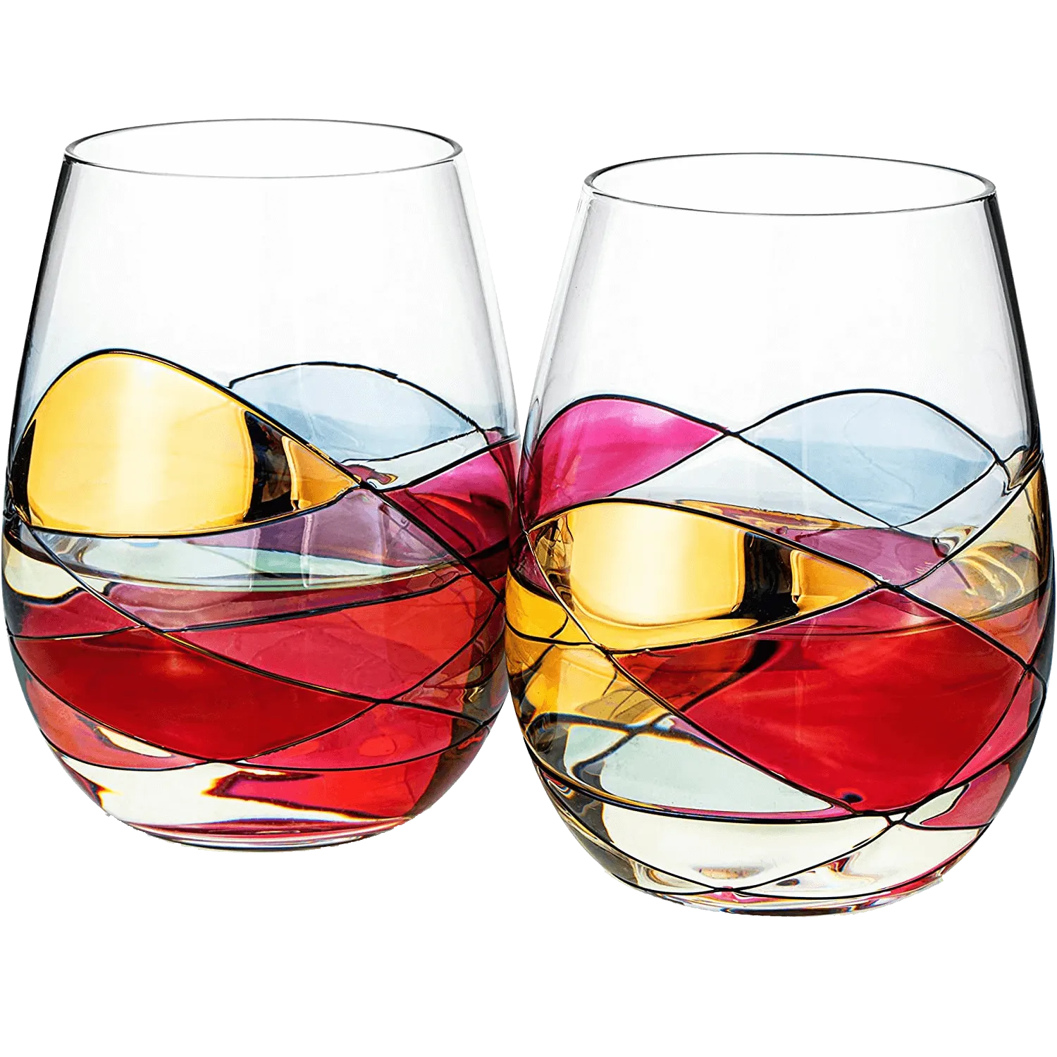 Hand Painted Stemless Wine Glasses - Set of 2 Extra Large Goblets