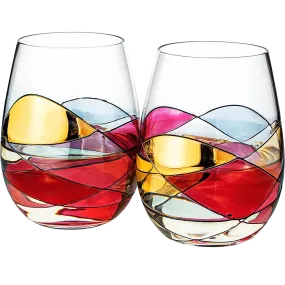 Hand Painted Stemless Wine Glasses - Set of 2 Extra Large Goblets