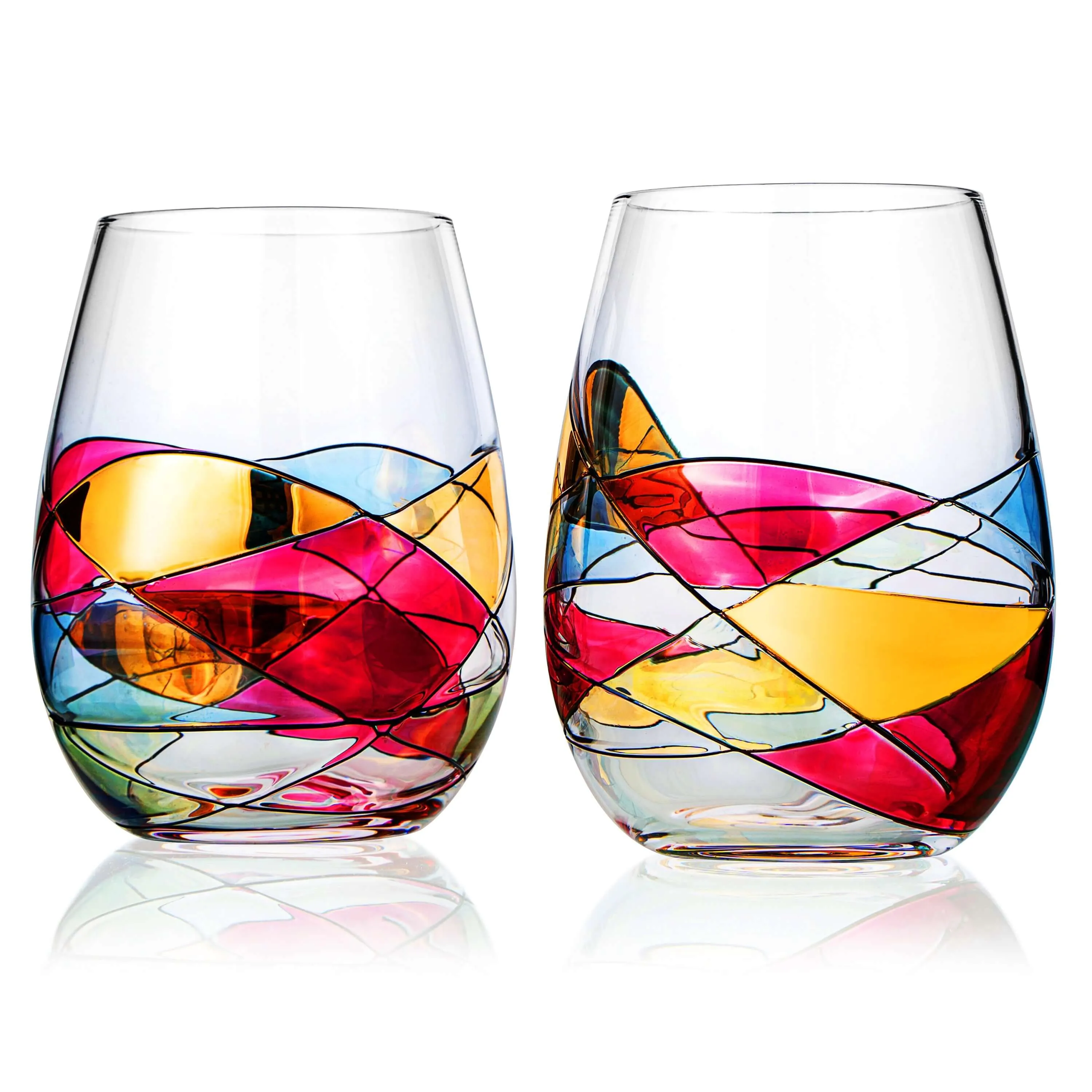 Hand Painted Stemless Wine Glasses - Set of 2 Extra Large Goblets