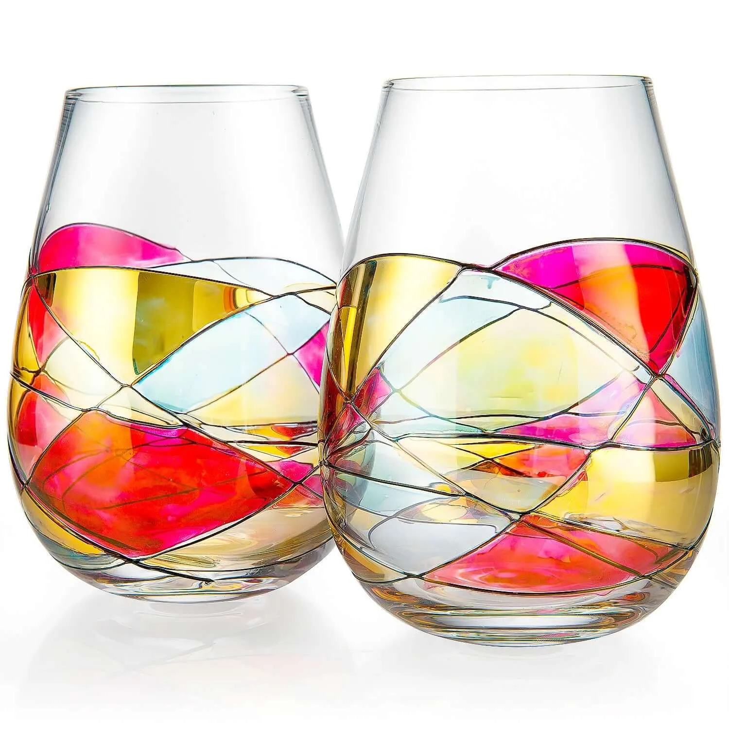 Hand Painted Stemless Wine Glasses - Set of 2 Extra Large Goblets