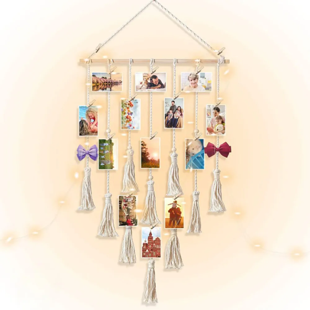 Hanging Photo Display Macramé with Light Wall Décor - Battery Powered