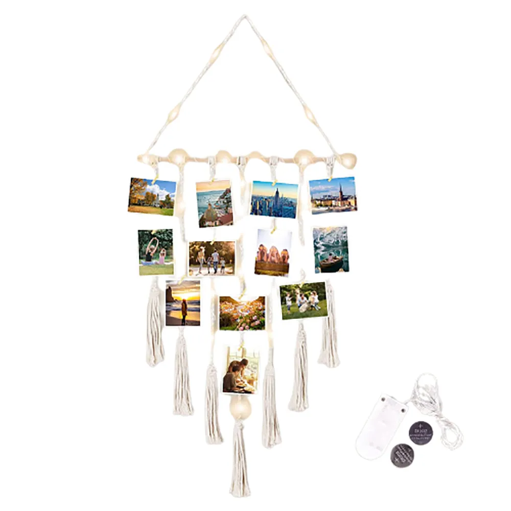 Hanging Photo Display Macramé with Light Wall Décor - Battery Powered