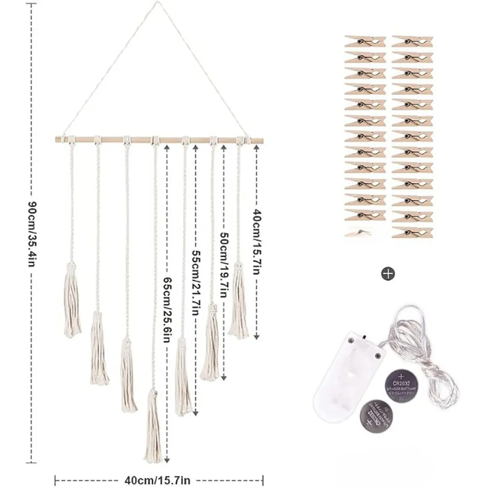 Hanging Photo Display Macramé with Light Wall Décor - Battery Powered