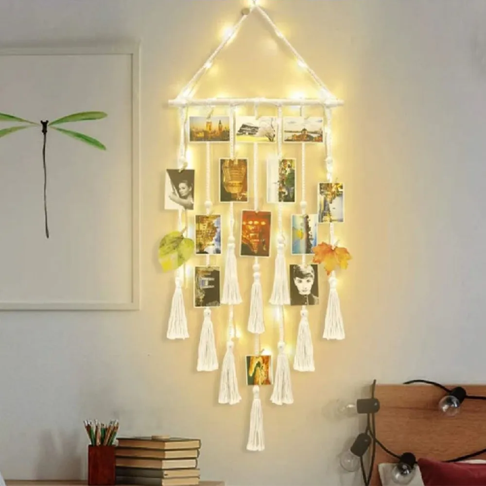 Hanging Photo Display Macramé with Light Wall Décor - Battery Powered