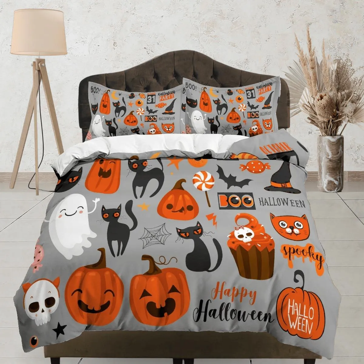 Happy Halloween grey bedding & pillowcase, gothic duvet cover, dorm bedding, halloween goth decor toddler bedding, halloween gift