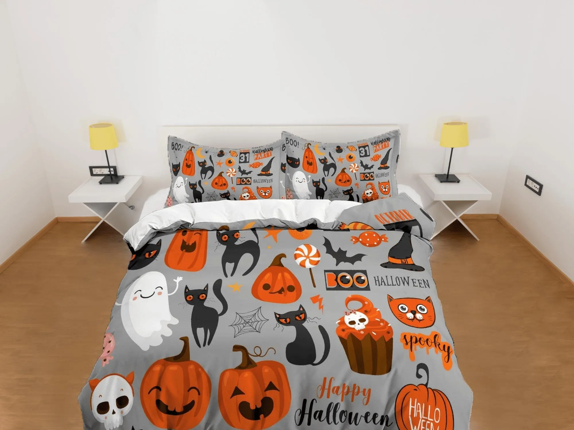 Happy Halloween grey bedding & pillowcase, gothic duvet cover, dorm bedding, halloween goth decor toddler bedding, halloween gift