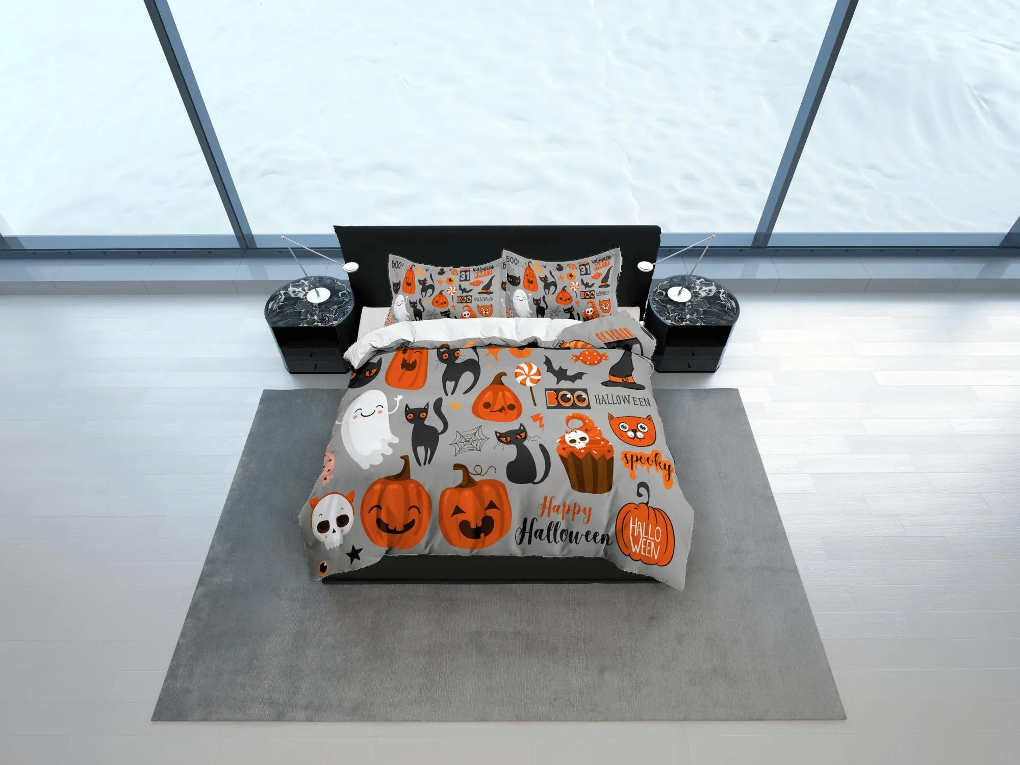 Happy Halloween grey bedding & pillowcase, gothic duvet cover, dorm bedding, halloween goth decor toddler bedding, halloween gift