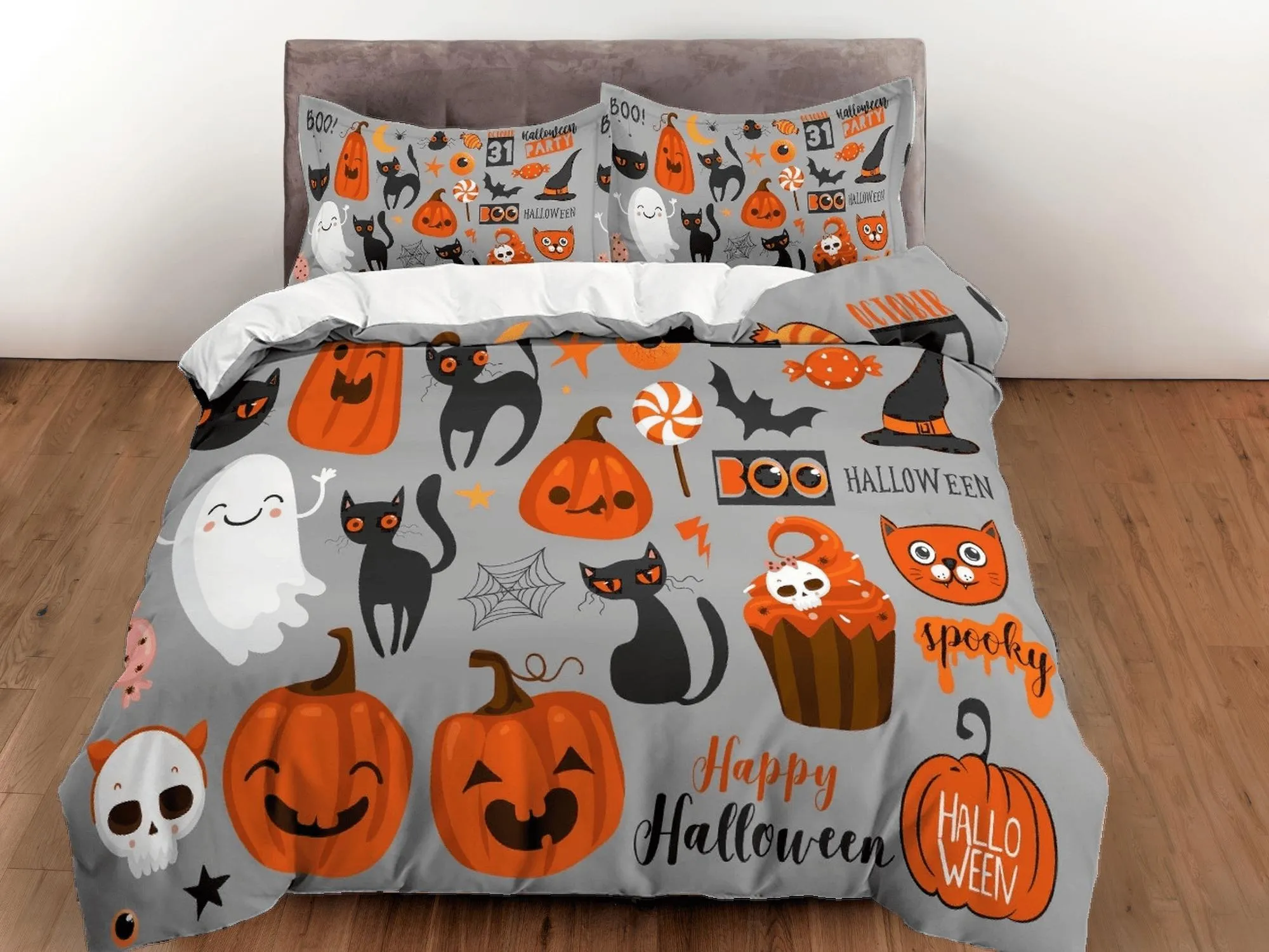 Happy Halloween grey bedding & pillowcase, gothic duvet cover, dorm bedding, halloween goth decor toddler bedding, halloween gift