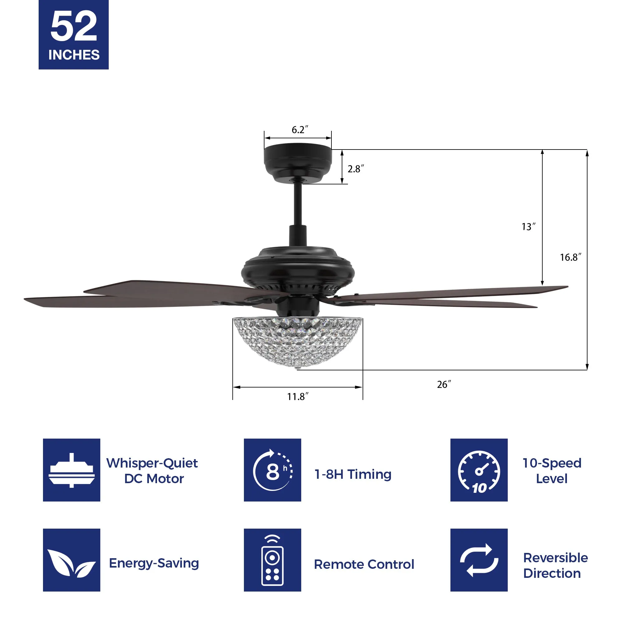 Henderson Crystal Ceiling Fan with LED light and Modern Design 52 inch