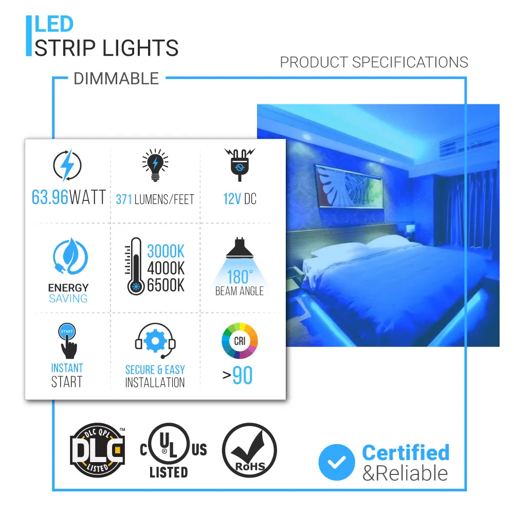 High-CRI Flexible LED Strip Light - IP20 - 371 lm/ft - 3000K/4000K/6500K, Dimmable