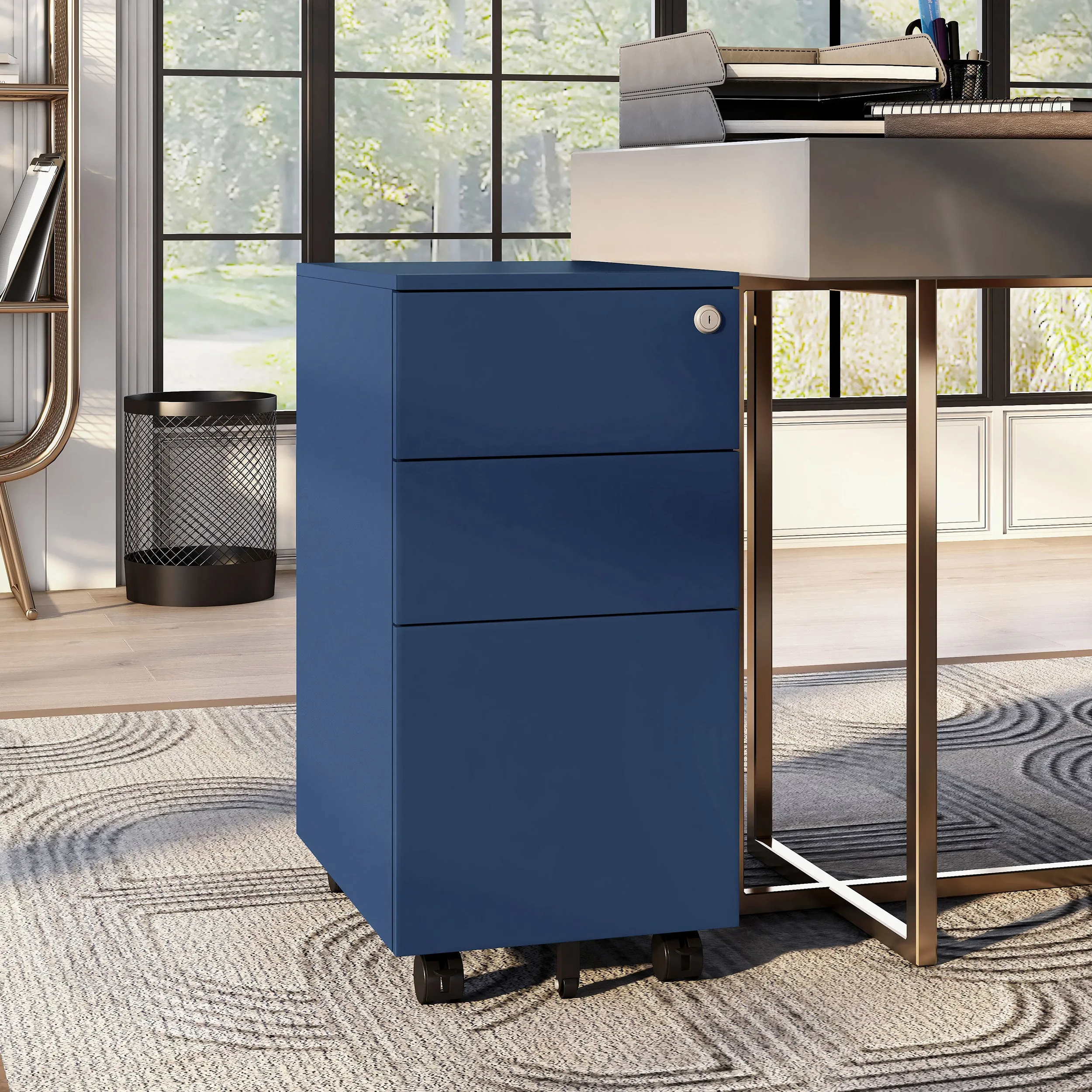 Hughie Modern Matte Navy Blue Lockable 3-Drawer Mobile File Cabinet