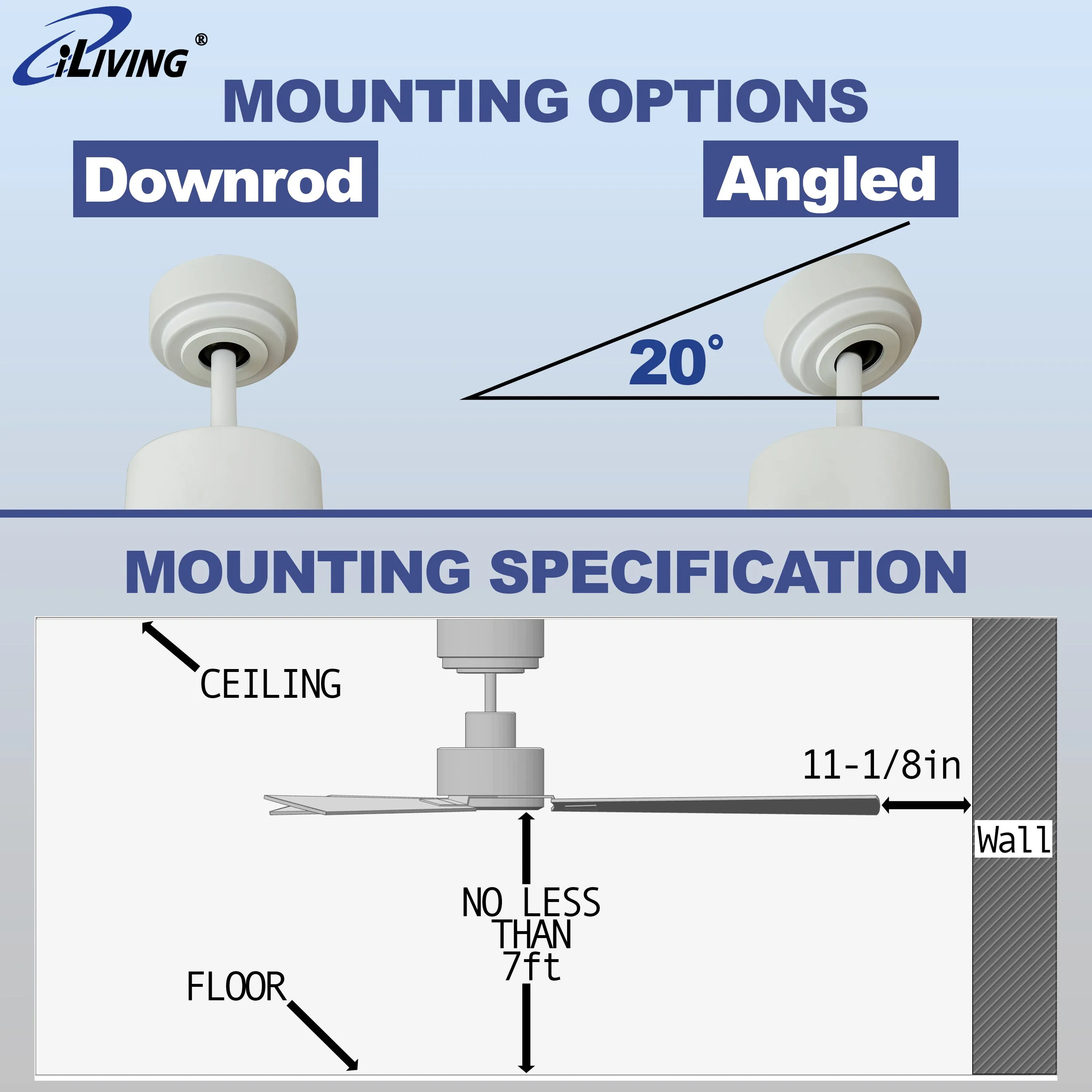 ILG8CF56W - iLIVING 56-Inch Quiet BLDC Indoor Ceiling Fan with Remote Control, 3 Blades 6 Speeds, 6300 CFM, White/Wood Finish