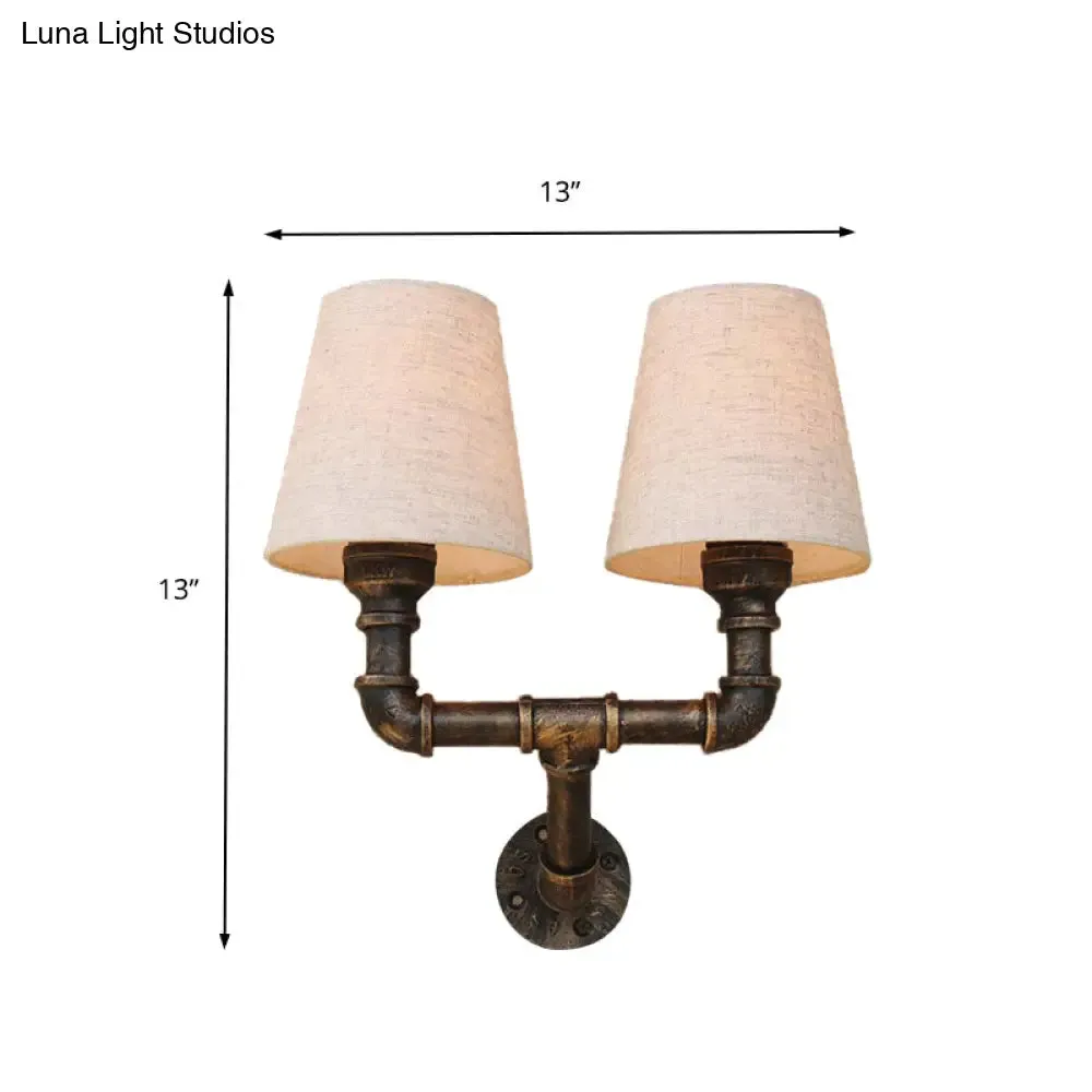 Industrial Fabric Cone Wall Sconce with Pipe Design - 1/2-Bulb Living Room Wall Lighting in Bronze