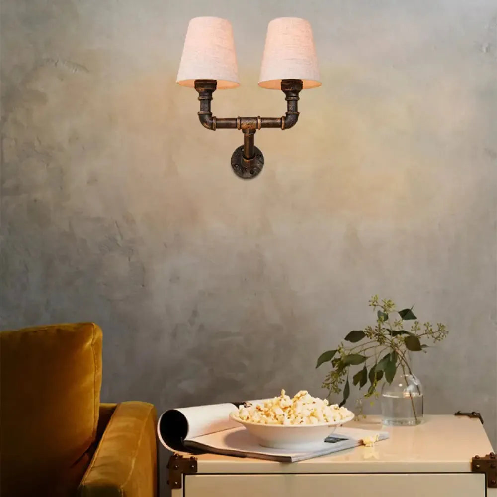 Industrial Fabric Cone Wall Sconce with Pipe Design - 1/2-Bulb Living Room Wall Lighting in Bronze