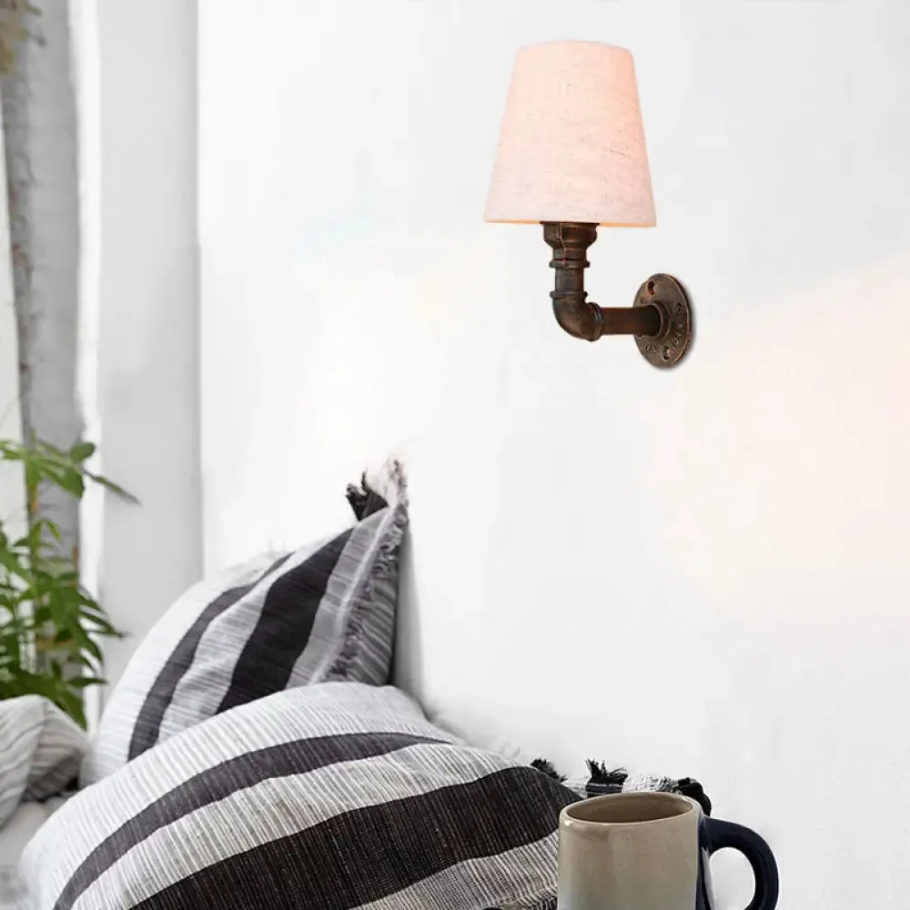 Industrial Fabric Cone Wall Sconce with Pipe Design - 1/2-Bulb Living Room Wall Lighting in Bronze