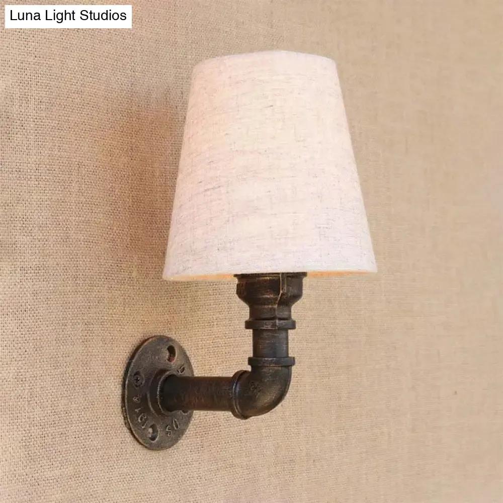 Industrial Fabric Cone Wall Sconce with Pipe Design - 1/2-Bulb Living Room Wall Lighting in Bronze