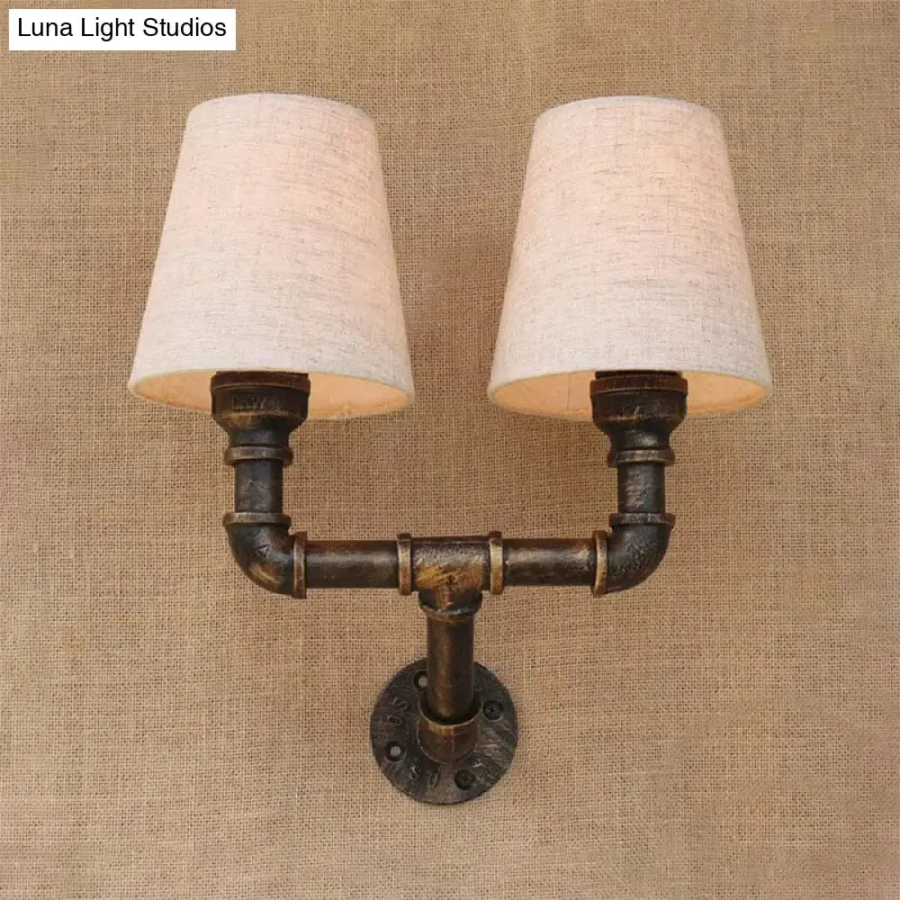 Industrial Fabric Cone Wall Sconce with Pipe Design - 1/2-Bulb Living Room Wall Lighting in Bronze