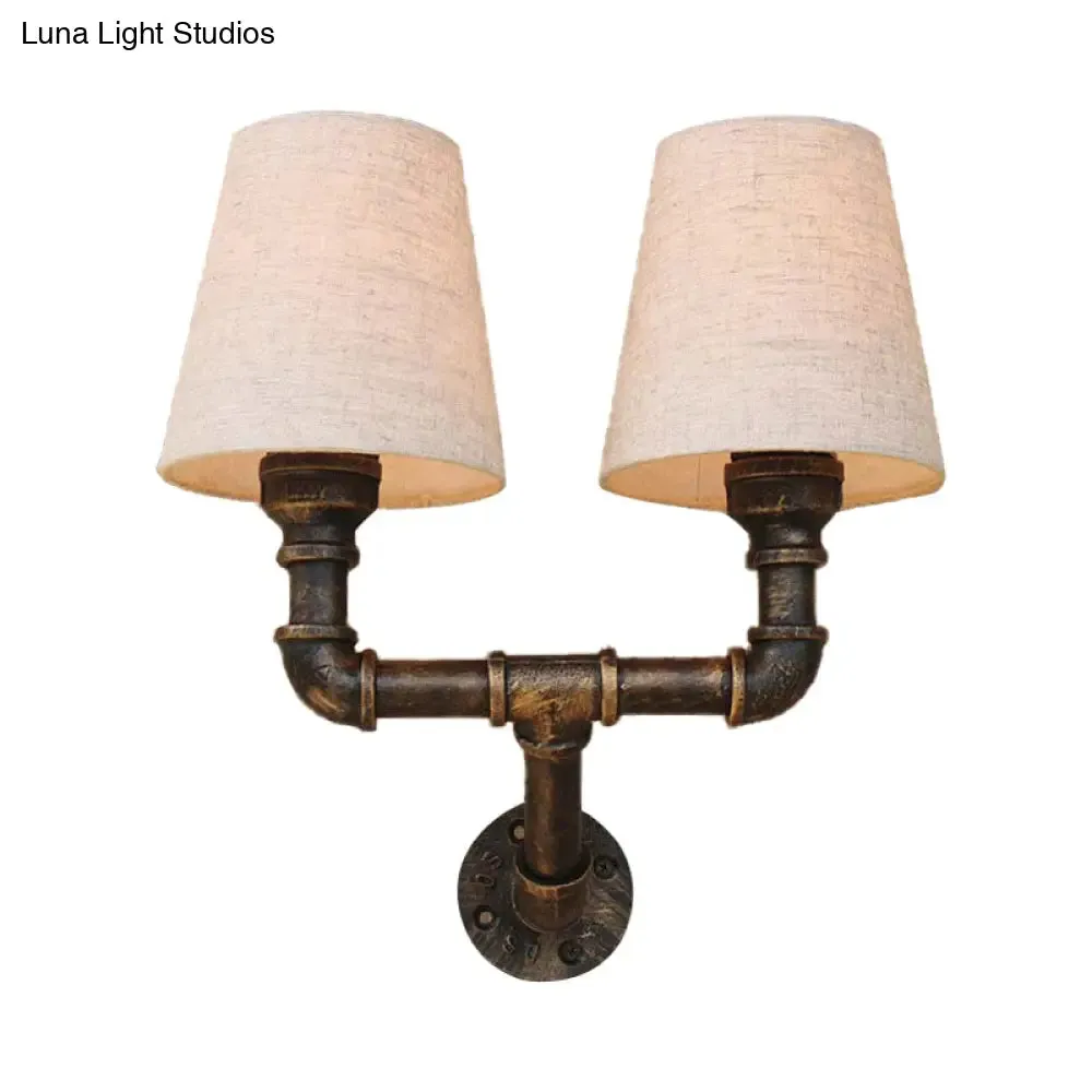 Industrial Fabric Cone Wall Sconce with Pipe Design - 1/2-Bulb Living Room Wall Lighting in Bronze