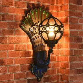 Industrial Metal Wall Sconce with Lake Blue Globe & Peacock Backplate