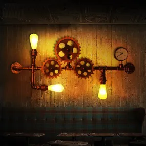 Industrial Open Bulb Wall Mounted Pipe Light 3-Light Sconce, Weathered Copper, Gear Design