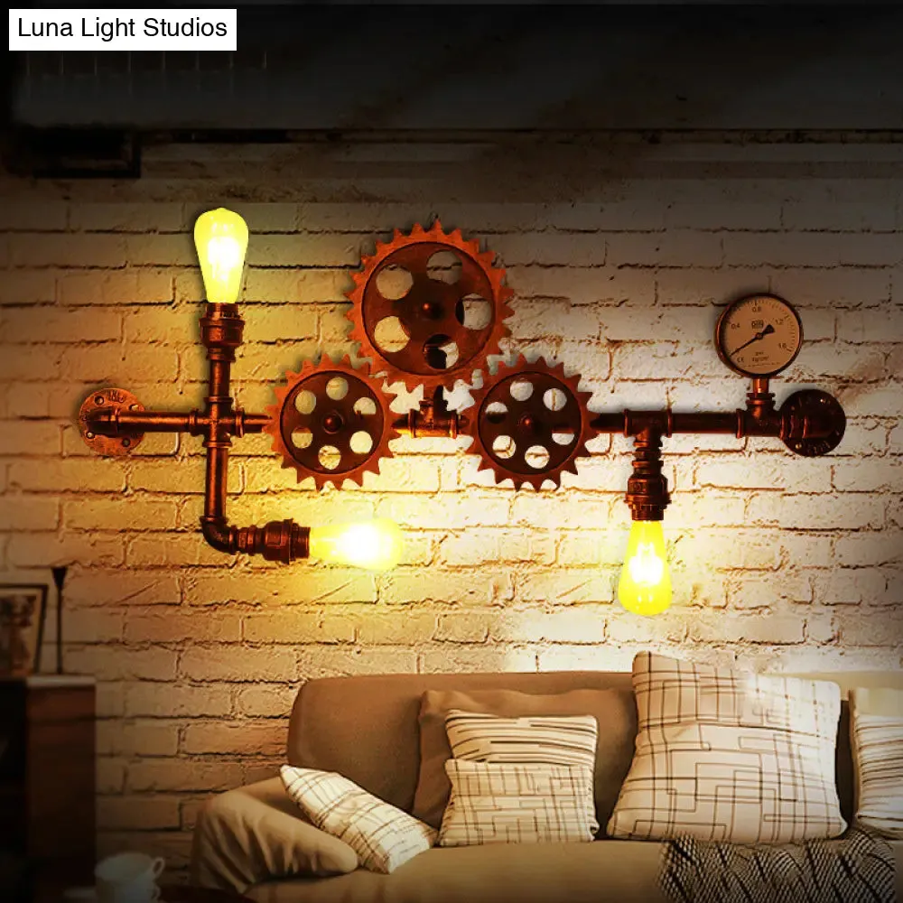 Industrial Open Bulb Wall Mounted Pipe Light 3-Light Sconce, Weathered Copper, Gear Design