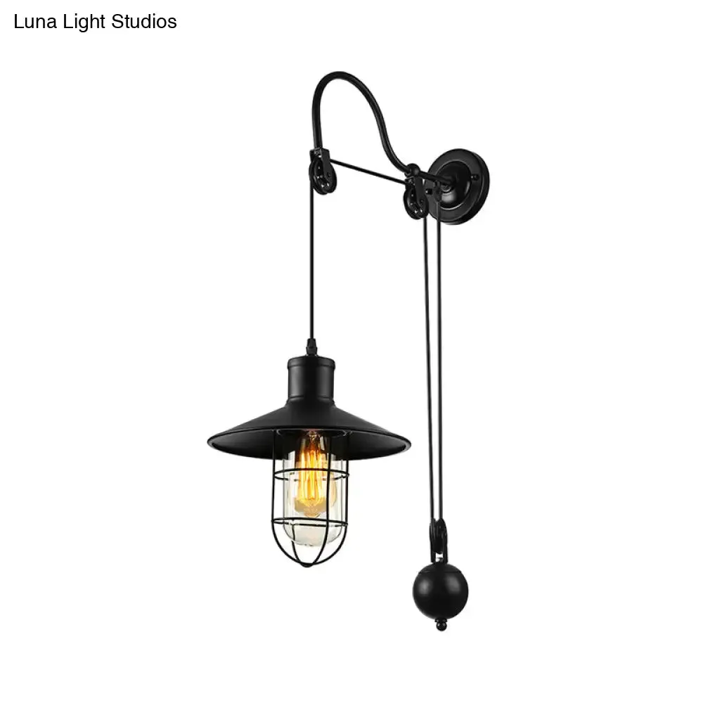 Industrial Sconce Light with Adjustable Pulley - Black Finish, Clear Glass, and Caged Design