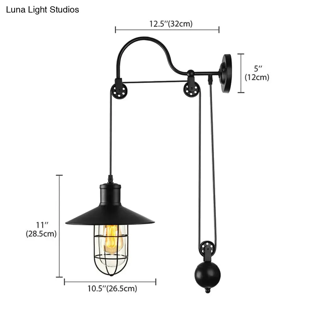 Industrial Sconce Light with Adjustable Pulley - Black Finish, Clear Glass, and Caged Design