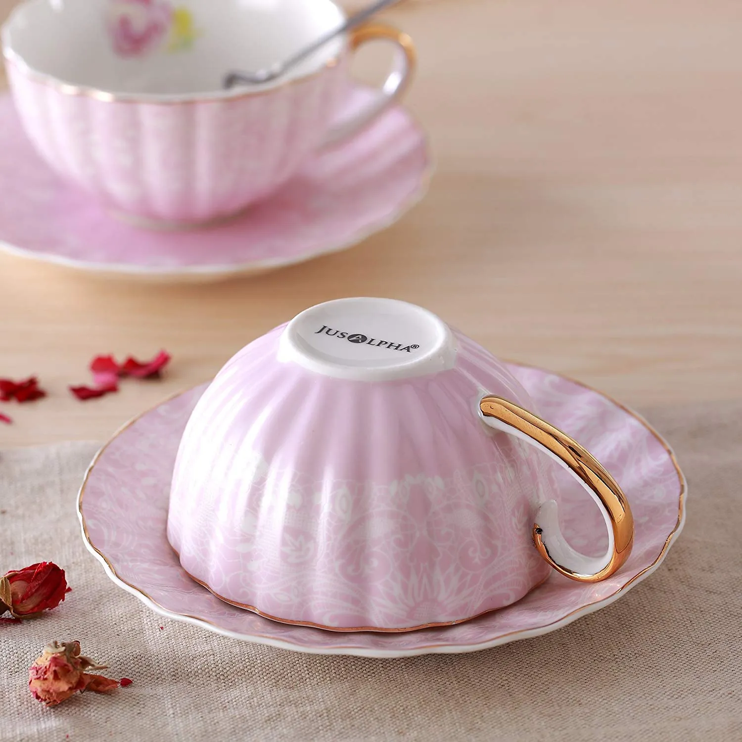 Jusalpha Porcelain Tea Cup and Saucer Coffee Cup Set with Saucer and Spoon Set of 4 (FD-TCS04 (4) Pink)