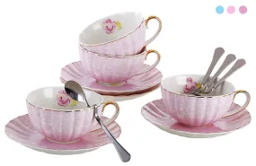 Jusalpha Porcelain Tea Cup and Saucer Coffee Cup Set with Saucer and Spoon Set of 4 (FD-TCS04 (4) Pink)