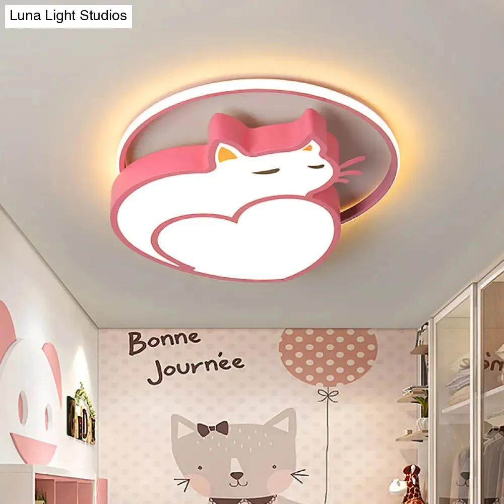 Kids Style Pink Cat-Shaped Ceiling Flushmount Light with Acrylic LED, Bedroom Lighting in Warm/White