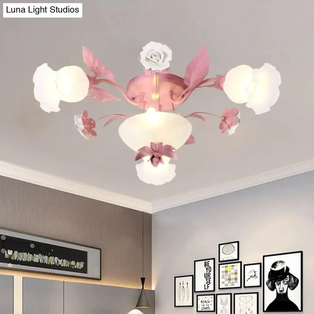 Korean Garden Opal Glass Semi-Flush Ceiling Light - Pink Blossom Design | Mounts Flush in Restaurants | Available in 5/7/11 Bulbs