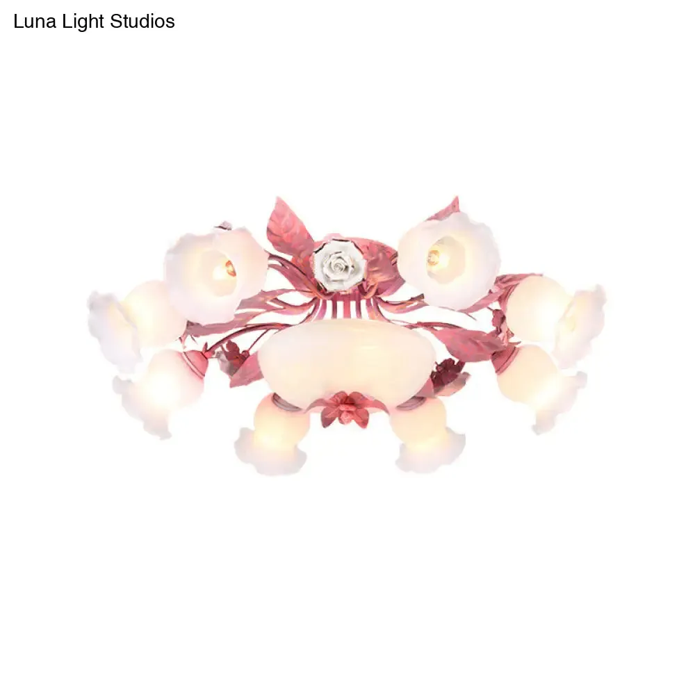 Korean Garden Opal Glass Semi-Flush Ceiling Light - Pink Blossom Design | Mounts Flush in Restaurants | Available in 5/7/11 Bulbs