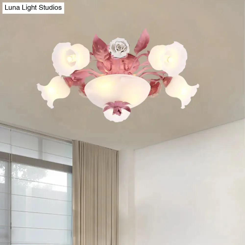 Korean Garden Opal Glass Semi-Flush Ceiling Light - Pink Blossom Design | Mounts Flush in Restaurants | Available in 5/7/11 Bulbs