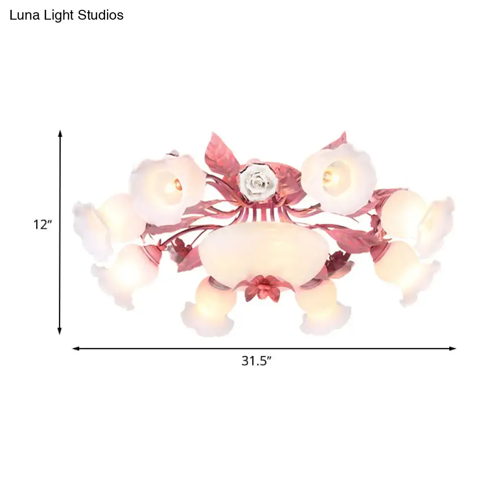 Korean Garden Opal Glass Semi-Flush Ceiling Light - Pink Blossom Design | Mounts Flush in Restaurants | Available in 5/7/11 Bulbs