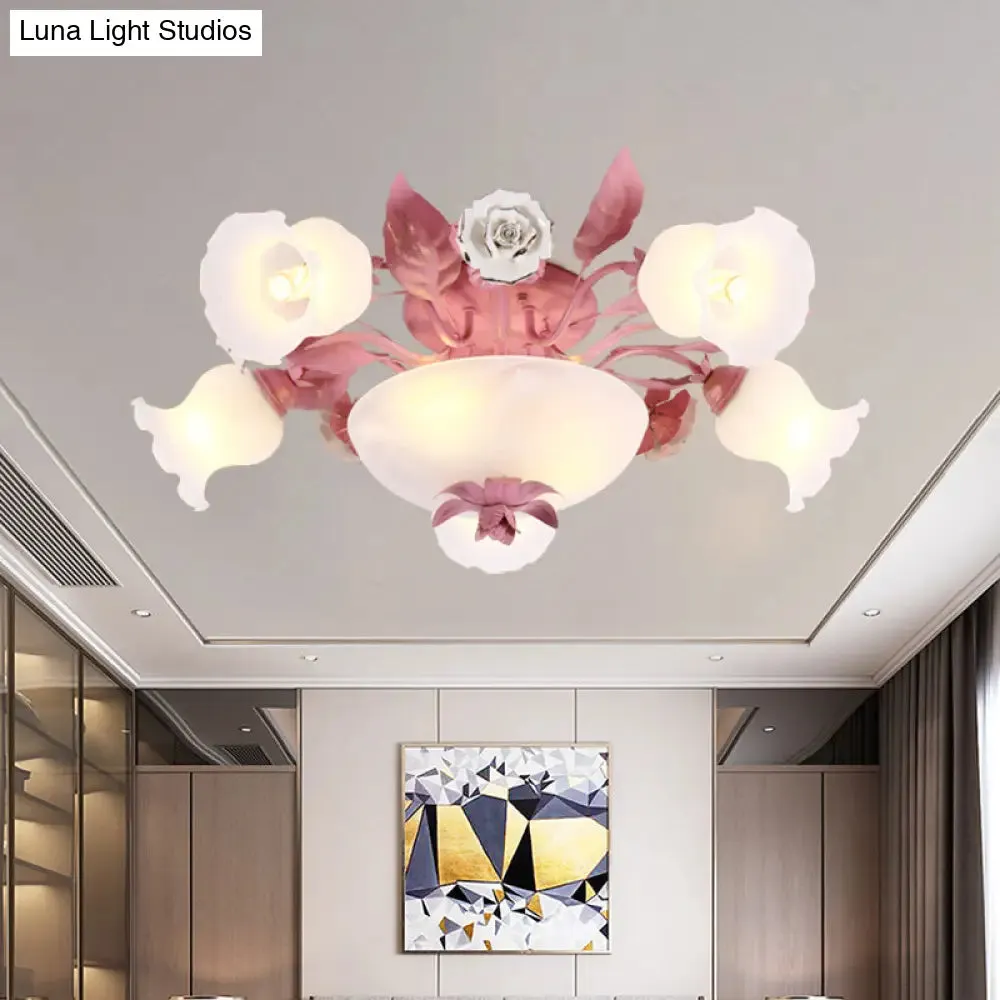 Korean Garden Opal Glass Semi-Flush Ceiling Light - Pink Blossom Design | Mounts Flush in Restaurants | Available in 5/7/11 Bulbs