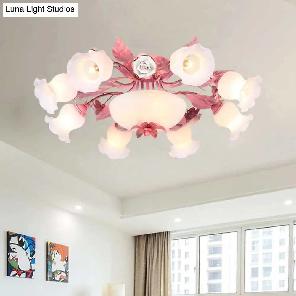 Korean Garden Opal Glass Semi-Flush Ceiling Light - Pink Blossom Design | Mounts Flush in Restaurants | Available in 5/7/11 Bulbs