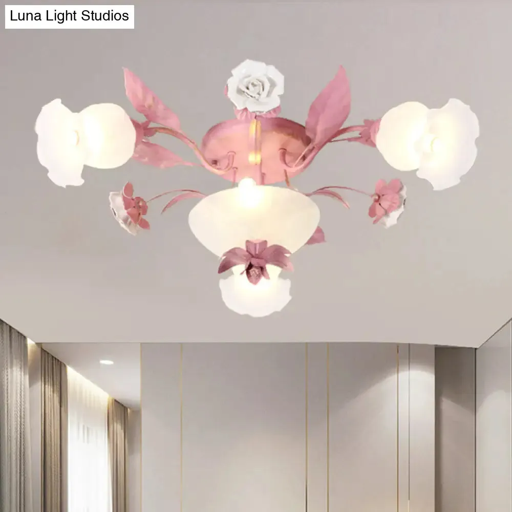 Korean Garden Opal Glass Semi-Flush Ceiling Light - Pink Blossom Design | Mounts Flush in Restaurants | Available in 5/7/11 Bulbs