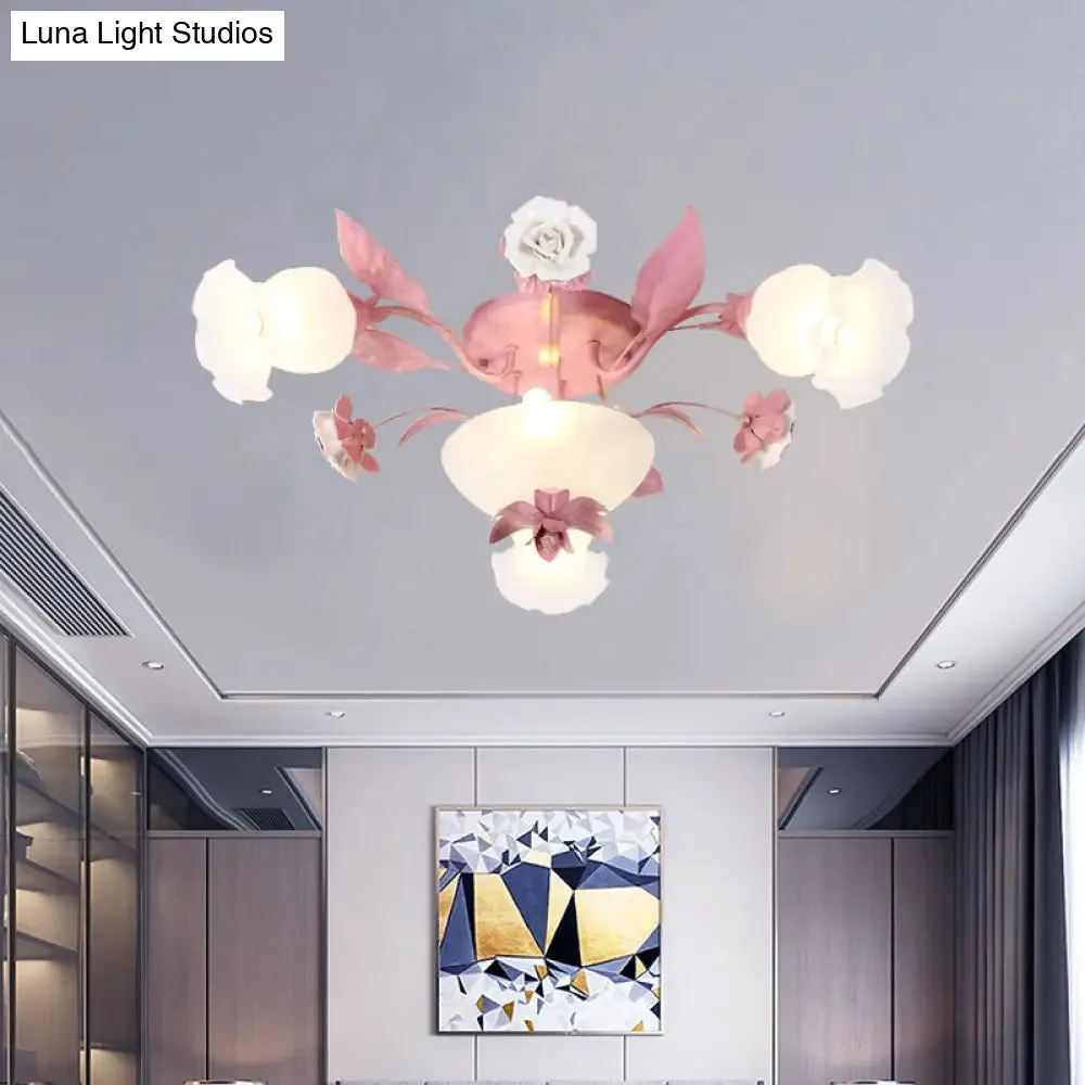 Korean Garden Opal Glass Semi-Flush Ceiling Light - Pink Blossom Design | Mounts Flush in Restaurants | Available in 5/7/11 Bulbs