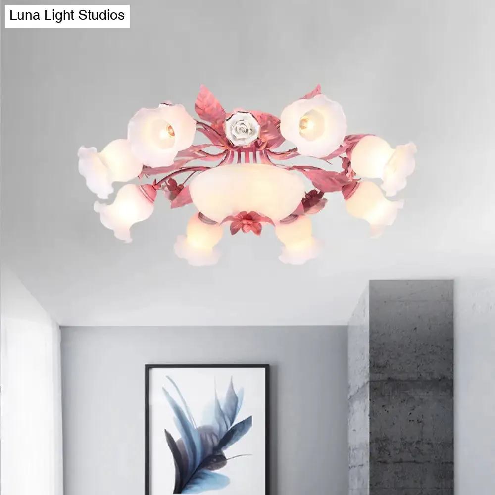 Korean Garden Opal Glass Semi-Flush Ceiling Light - Pink Blossom Design | Mounts Flush in Restaurants | Available in 5/7/11 Bulbs