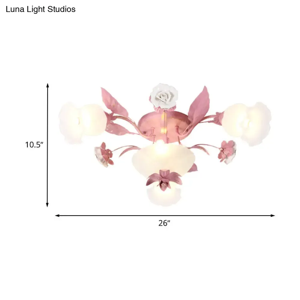 Korean Garden Opal Glass Semi-Flush Ceiling Light - Pink Blossom Design | Mounts Flush in Restaurants | Available in 5/7/11 Bulbs